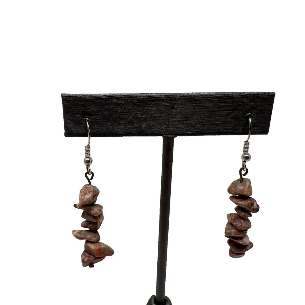 Vintage Pierced Earrings Brown Stone Chip Dangle‎ Drop Wire